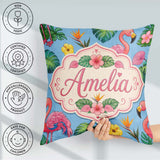 Custom Name Tropical Flamingo with Hibiscus Flowers and Sky Blue Square Filled Cushion Throw Pillow Sofa Bed Home Decor Zip Washable UK Made