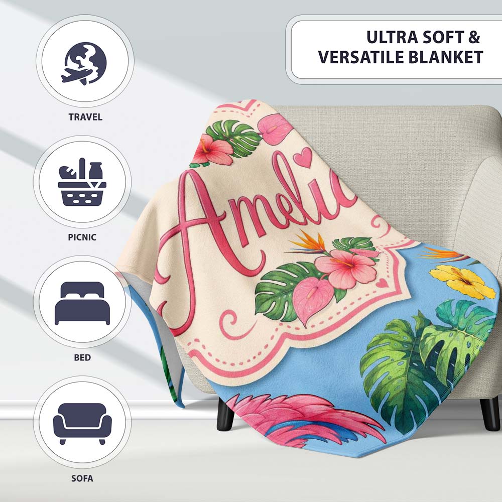 Tropical Flamingo with Hibiscus Flowers and Leaves Sky Blue Lovely  Personalised Custom Name Super Soft Fleece Blanket Bed Sofa Throw