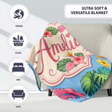 Tropical Flamingo with Hibiscus Flowers and Leaves Sky Blue Lovely  Personalised Custom Name Super Soft Fleece Blanket Bed Sofa Throw