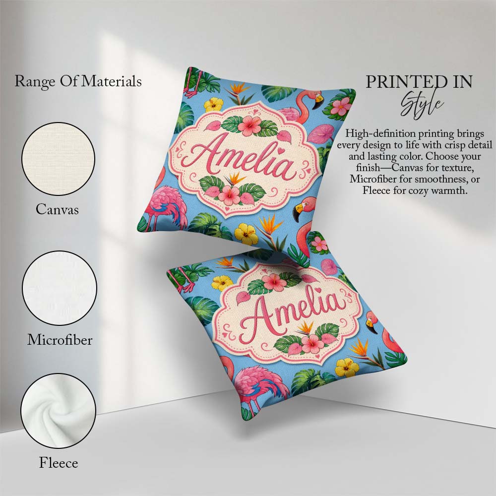 Custom Name Tropical Flamingo with Hibiscus Flowers and Sky Blue Square Filled Cushion Throw Pillow Sofa Bed Home Decor Zip Washable UK Made