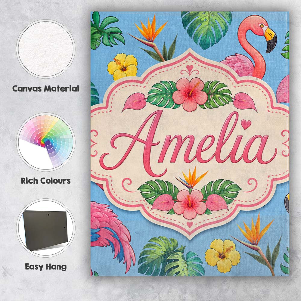 Personalised Name Tropical Flamingo with Custom  Unique Gift Idea Elegant Feature Canvas Wall Art Print Decor Picture Ready to Hang