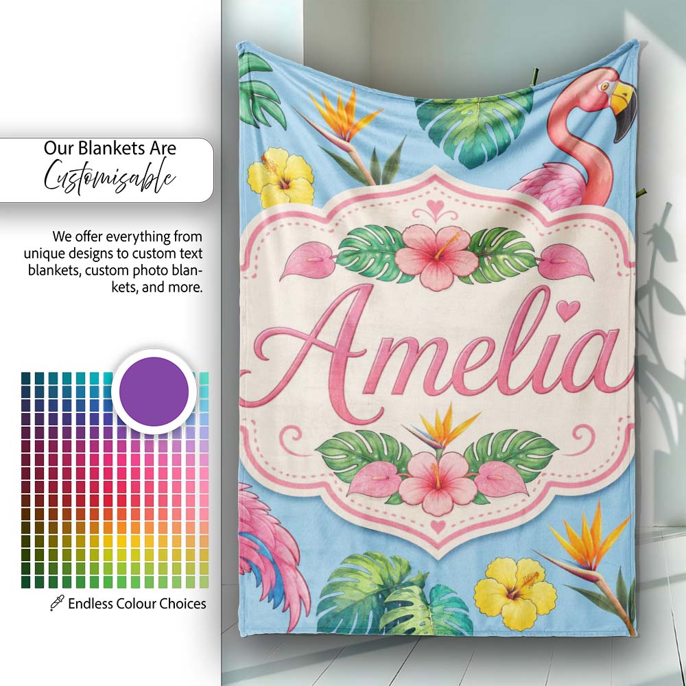 Tropical Flamingo with Hibiscus Flowers and Leaves Sky Blue Lovely  Personalised Custom Name Super Soft Fleece Blanket Bed Sofa Throw