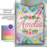 Tropical Flamingo with Hibiscus Flowers and Leaves Sky Blue Lovely  Personalised Custom Name Super Soft Fleece Blanket Bed Sofa Throw