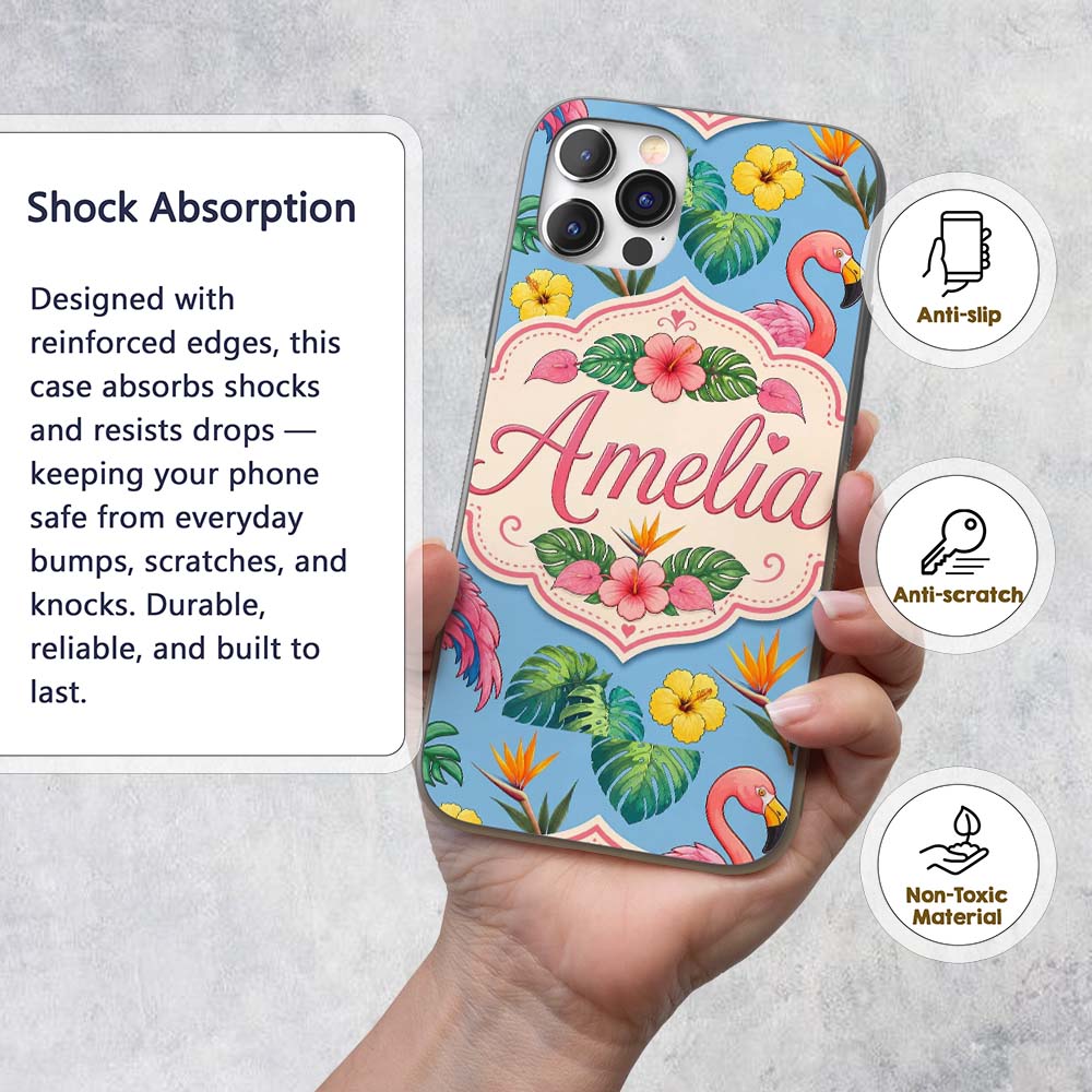 Tropical Flamingo with Hibiscus Printed Design Custom Name Protective Phone Case Mobile Cover Durable Everyday Smartphone Shock Resistant