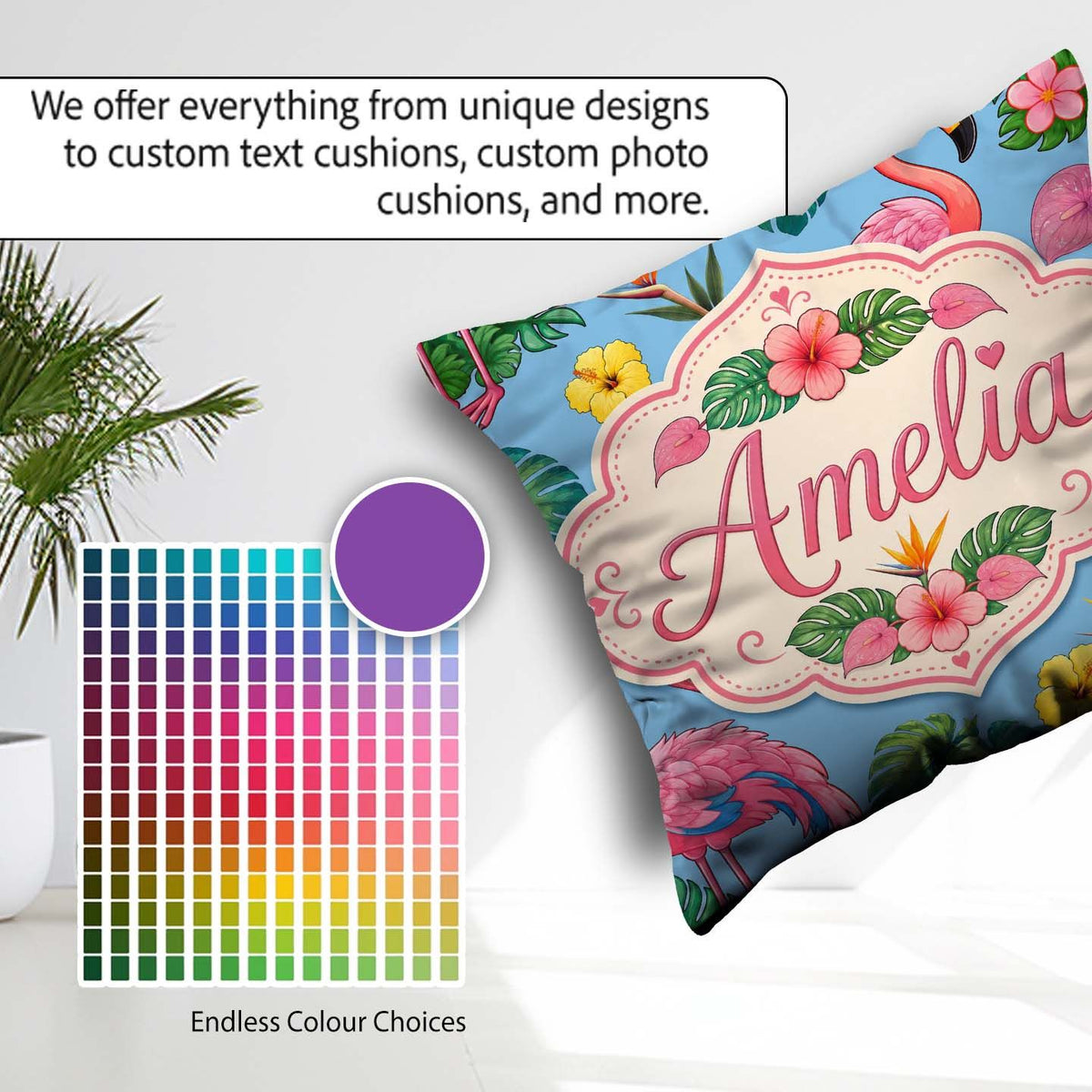 Custom Name Tropical Flamingo with Hibiscus Flowers and Sky Blue Square Filled Cushion Throw Pillow Sofa Bed Home Decor Zip Washable UK Made