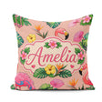 Custom Name Tropical Flamingo with Hibiscus Flowers Leaves Peach Square Filled Cushion Throw Pillow Sofa Bed Home Decor Zip Washable UK Made