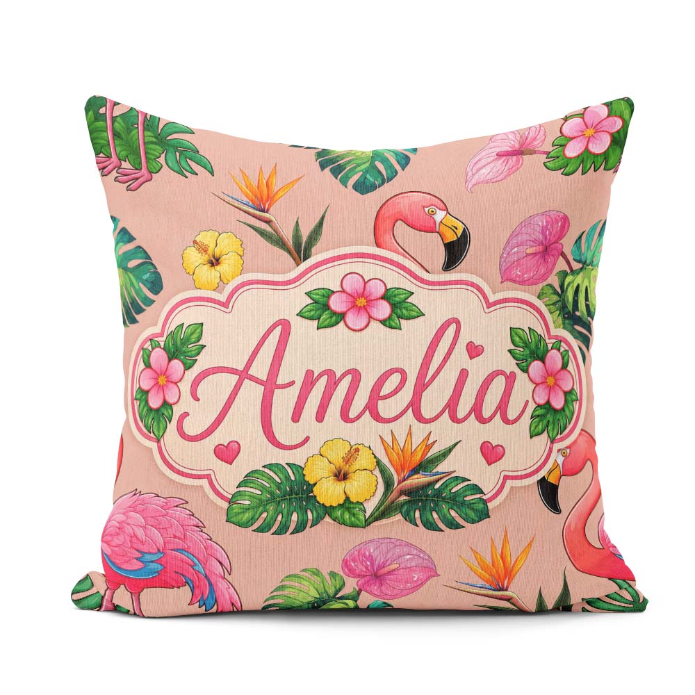 Custom Name Tropical Flamingo with Hibiscus Flowers Leaves Peach Square Filled Cushion Throw Pillow Sofa Bed Home Decor Zip Washable UK Made