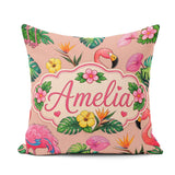 Custom Name Tropical Flamingo with Hibiscus Flowers Leaves Peach Square Filled Cushion Throw Pillow Sofa Bed Home Decor Zip Washable UK Made