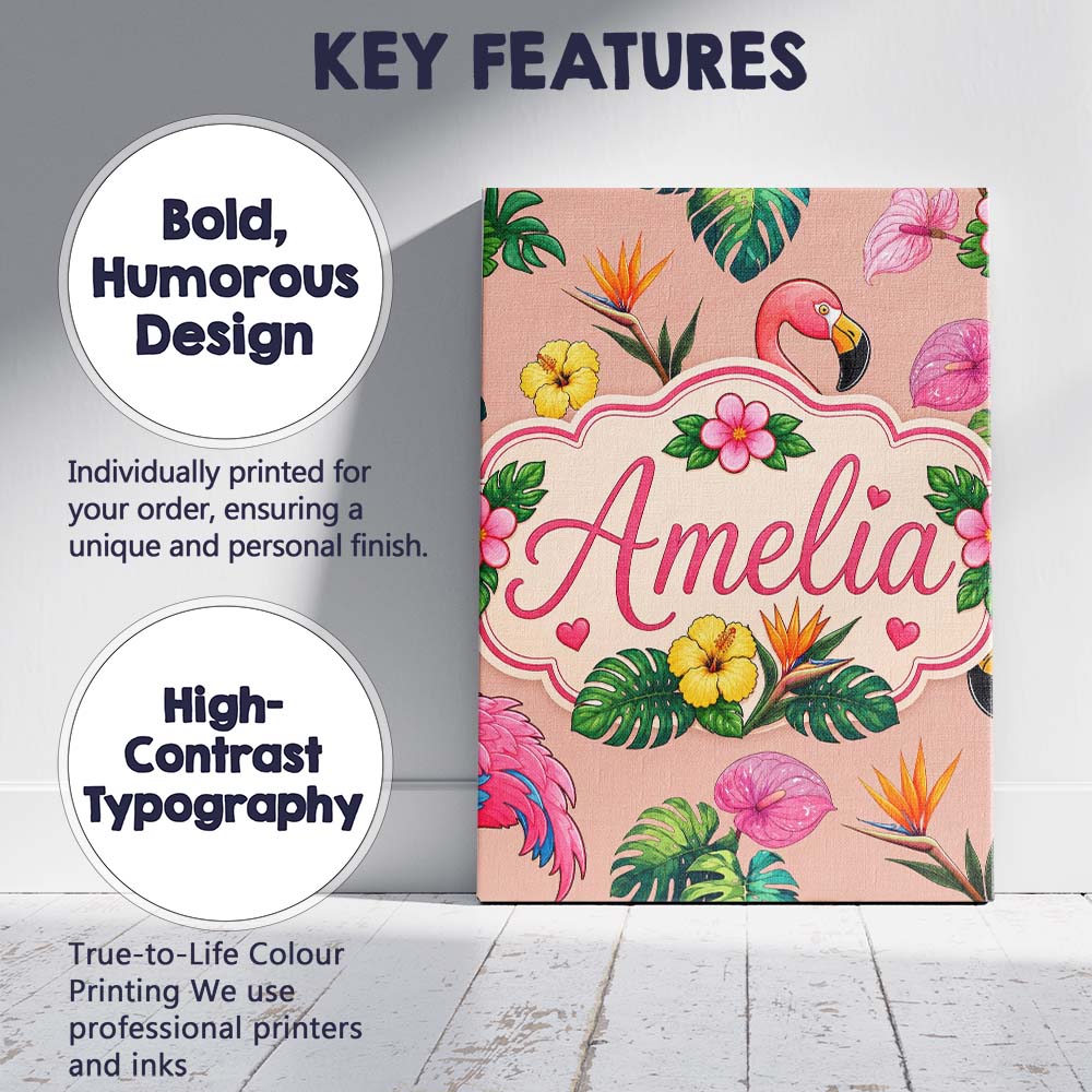 Personalised Name Tropical Flamingo with Custom  Unique Gift Idea Elegant Feature Canvas Wall Art Print Decor Picture Ready to Hang