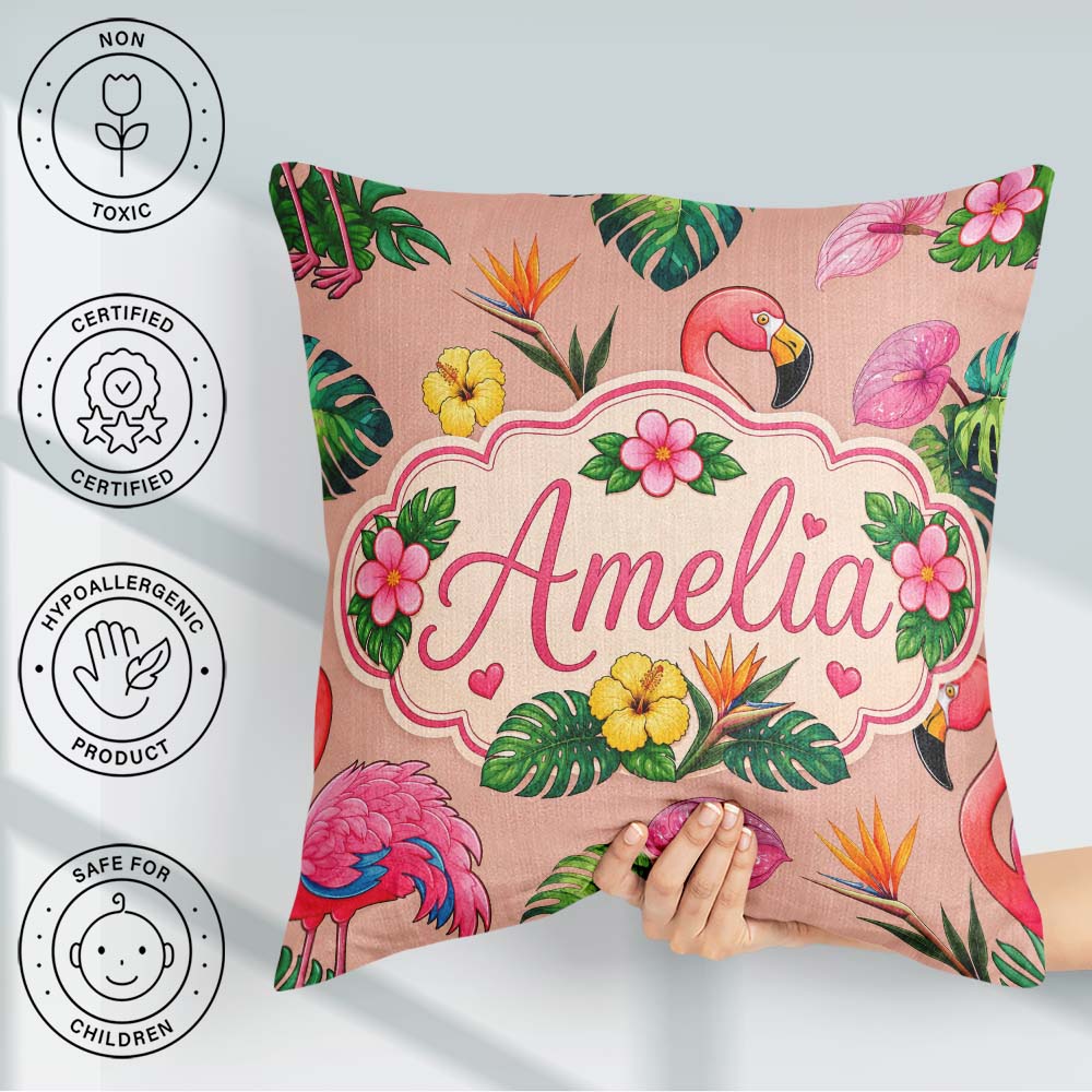 Custom Name Tropical Flamingo with Hibiscus Flowers Leaves Peach Square Filled Cushion Throw Pillow Sofa Bed Home Decor Zip Washable UK Made