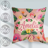Custom Name Tropical Flamingo with Hibiscus Flowers Leaves Peach Square Filled Cushion Throw Pillow Sofa Bed Home Decor Zip Washable UK Made