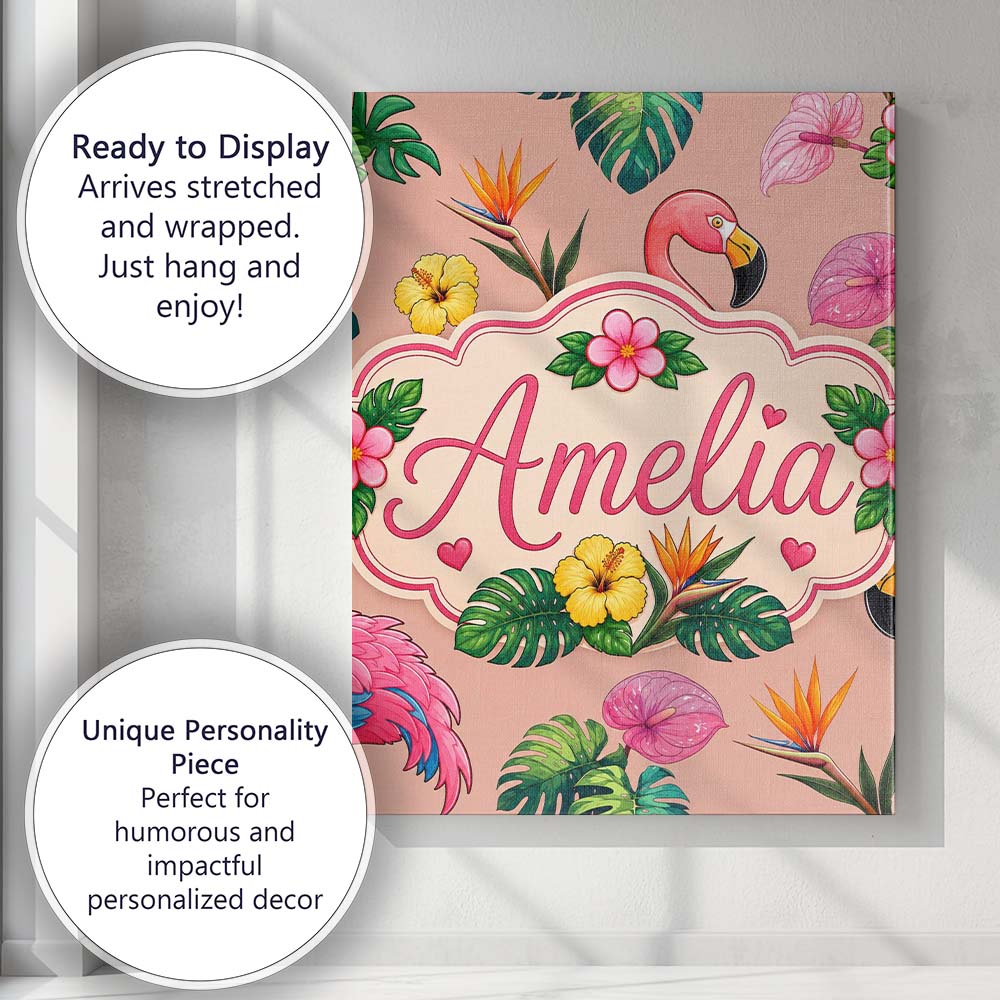 Personalised Name Tropical Flamingo with Custom  Unique Gift Idea Elegant Feature Canvas Wall Art Print Decor Picture Ready to Hang