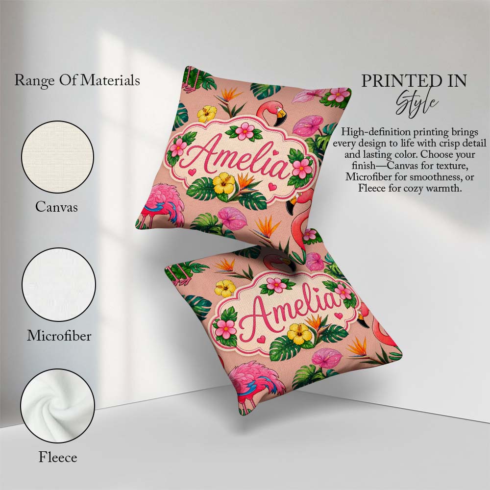 Custom Name Tropical Flamingo with Hibiscus Flowers Leaves Peach Square Filled Cushion Throw Pillow Sofa Bed Home Decor Zip Washable UK Made