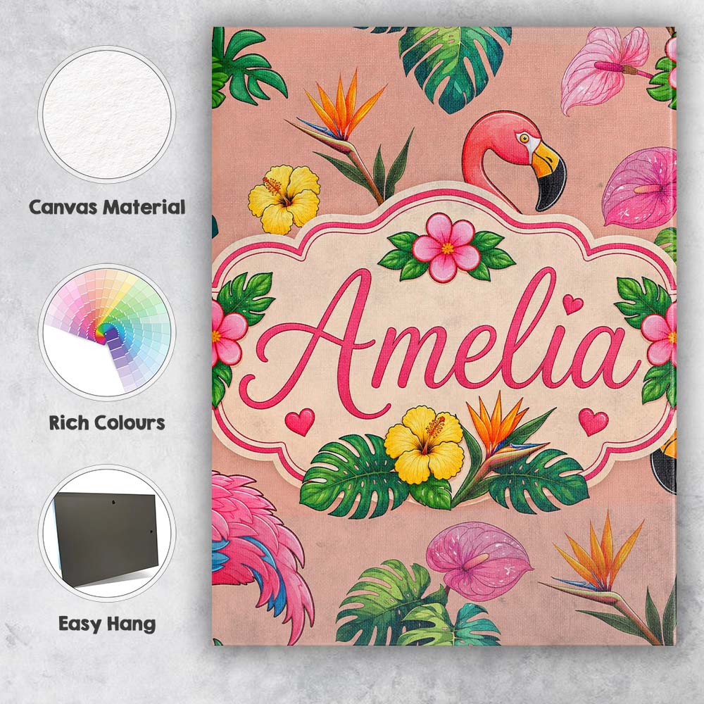 Personalised Name Tropical Flamingo with Custom  Unique Gift Idea Elegant Feature Canvas Wall Art Print Decor Picture Ready to Hang