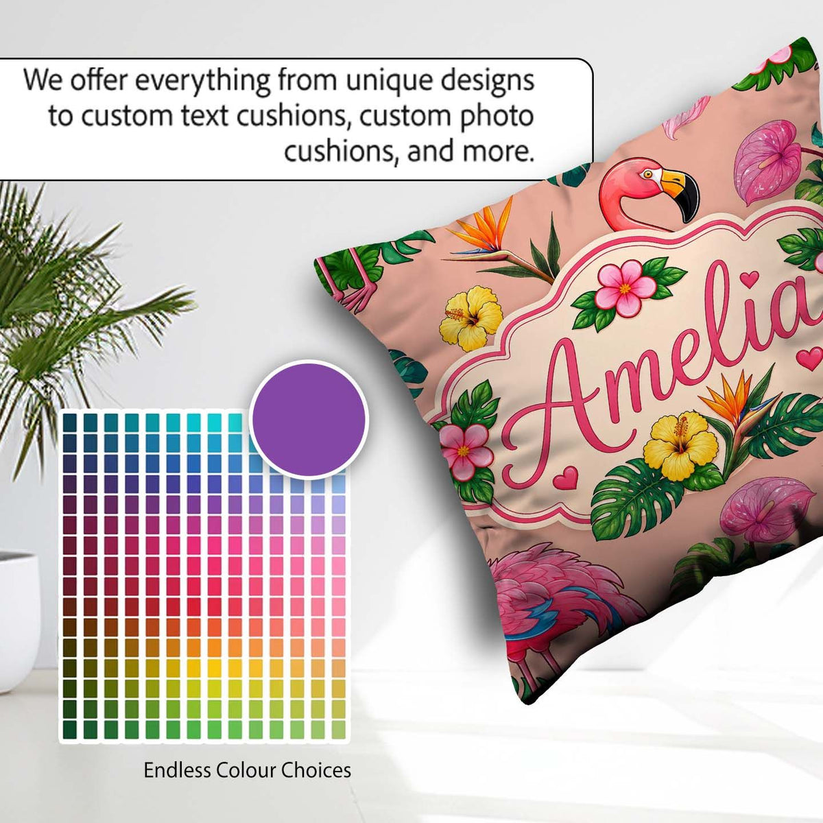 Custom Name Tropical Flamingo with Hibiscus Flowers Leaves Peach Square Filled Cushion Throw Pillow Sofa Bed Home Decor Zip Washable UK Made