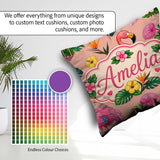 Custom Name Tropical Flamingo with Hibiscus Flowers Leaves Peach Square Filled Cushion Throw Pillow Sofa Bed Home Decor Zip Washable UK Made