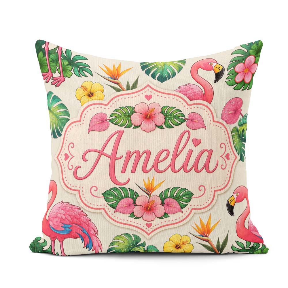 Custom Name Tropical Flamingo with Hibiscus Flowers Leaves Cream Square Filled Cushion Throw Pillow Sofa Bed Home Decor Zip Washable UK Made