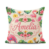 Custom Name Tropical Flamingo with Hibiscus Flowers Leaves Cream Square Filled Cushion Throw Pillow Sofa Bed Home Decor Zip Washable UK Made