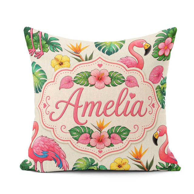 Custom Name Tropical Flamingo with Hibiscus Flowers Leaves Cream Square Filled Cushion Throw Pillow Sofa Bed Home Decor Zip Washable UK Made