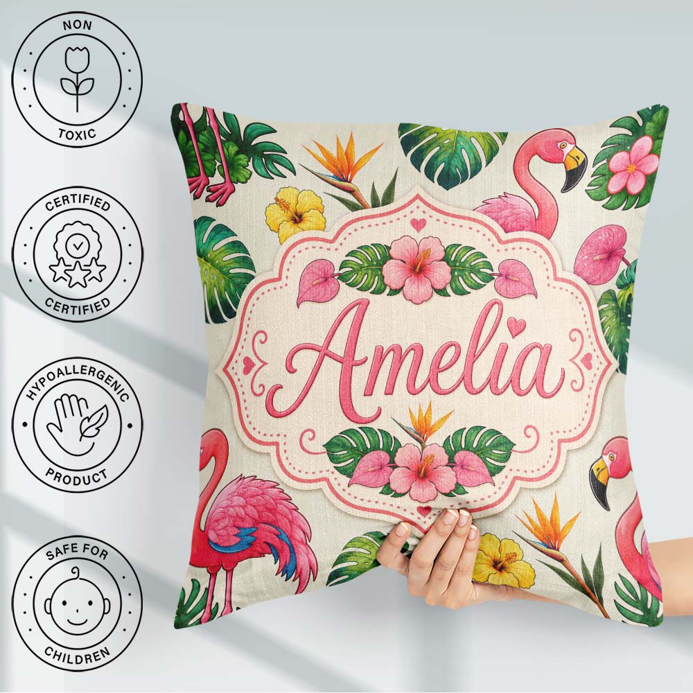 Custom Name Tropical Flamingo with Hibiscus Flowers Leaves Cream Square Filled Cushion Throw Pillow Sofa Bed Home Decor Zip Washable UK Made
