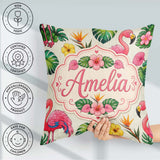 Custom Name Tropical Flamingo with Hibiscus Flowers Leaves Cream Square Filled Cushion Throw Pillow Sofa Bed Home Decor Zip Washable UK Made
