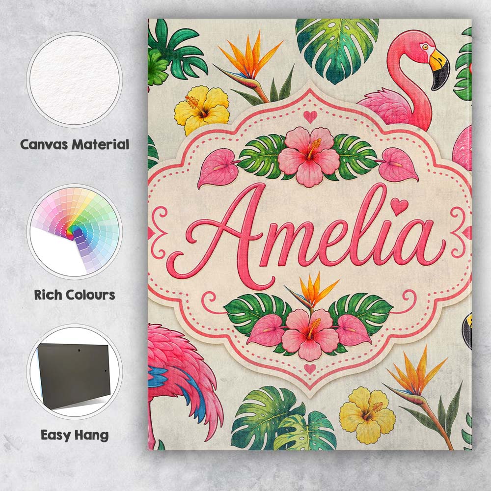 Personalised Name Tropical Flamingo with Custom  Unique Gift Idea Elegant Feature Canvas Wall Art Print Decor Picture Ready to Hang