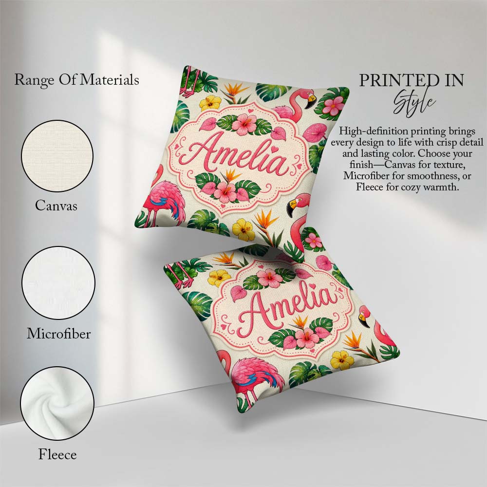 Custom Name Tropical Flamingo with Hibiscus Flowers Leaves Cream Square Filled Cushion Throw Pillow Sofa Bed Home Decor Zip Washable UK Made