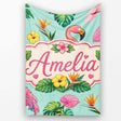 Tropical Flamingo with Hibiscus Flowers and Leaves Mint Background  Personalised Custom Name Super Soft Fleece Blanket Bed Sofa Throw