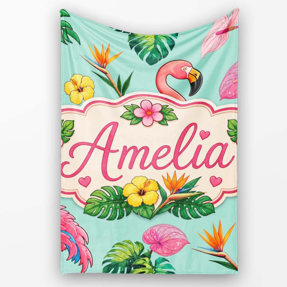 Tropical Flamingo with Hibiscus Flowers and Leaves Mint Background  Personalised Custom Name Super Soft Fleece Blanket Bed Sofa Throw