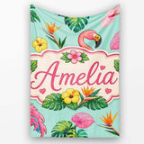 Tropical Flamingo with Hibiscus Flowers and Leaves Mint Background  Personalised Custom Name Super Soft Fleece Blanket Bed Sofa Throw