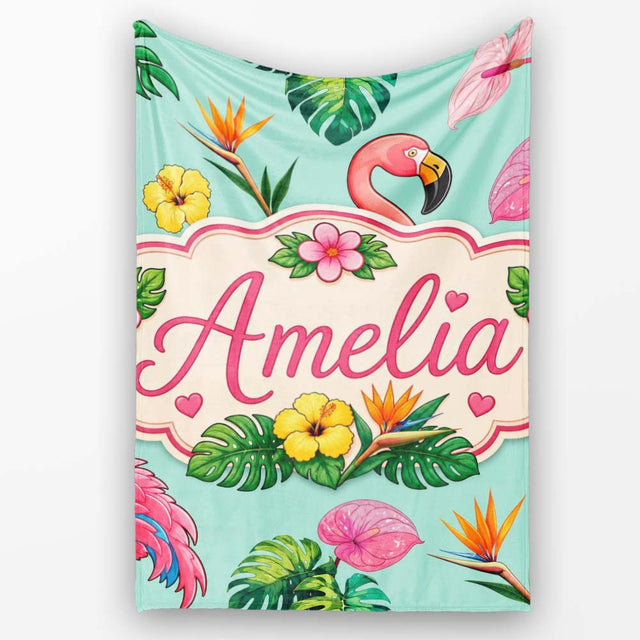 Tropical Flamingo with Hibiscus Flowers and Leaves Mint Background  Personalised Custom Name Super Soft Fleece Blanket Bed Sofa Throw