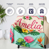 Tropical Flamingo with Hibiscus Flowers and Leaves Mint Background  Personalised Custom Name Super Soft Fleece Blanket Bed Sofa Throw