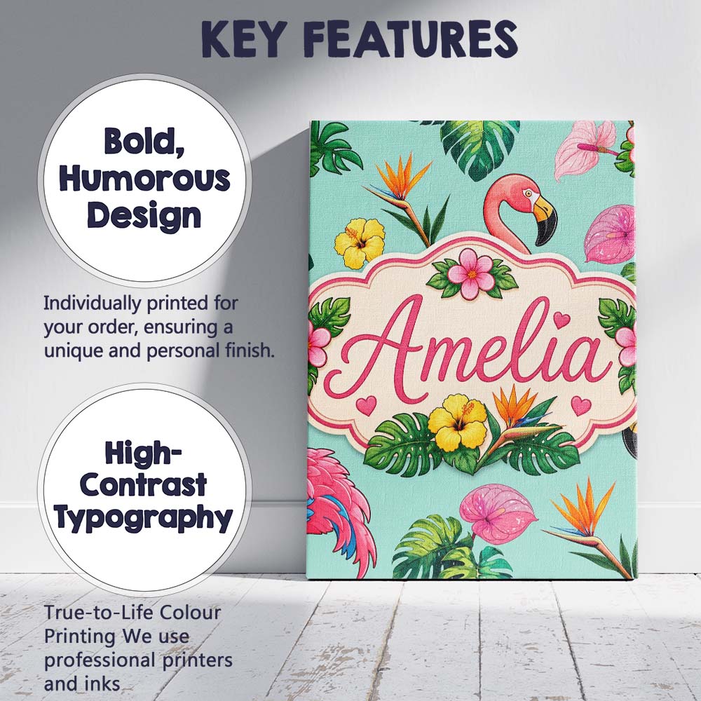 Personalised Name Tropical Flamingo with Custom  Unique Gift Idea Elegant Feature Canvas Wall Art Print Decor Picture Ready to Hang