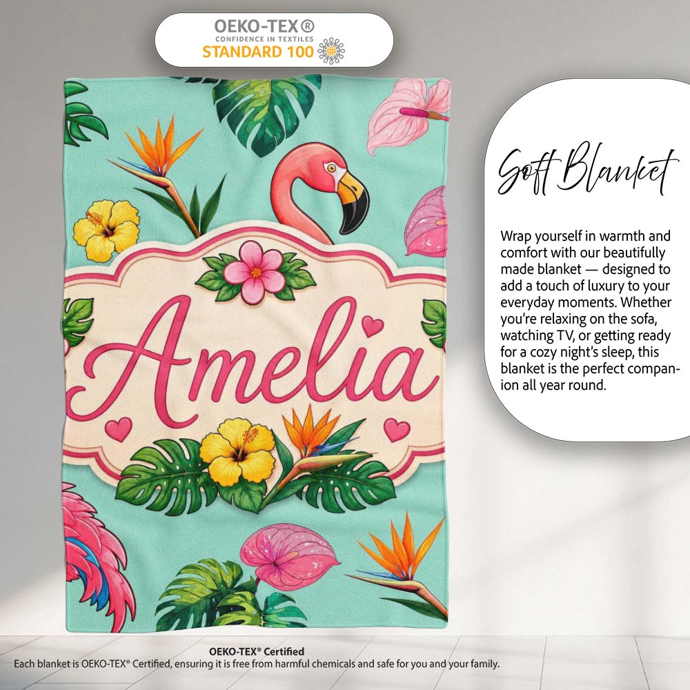 Tropical Flamingo with Hibiscus Flowers and Leaves Mint Background  Personalised Custom Name Super Soft Fleece Blanket Bed Sofa Throw