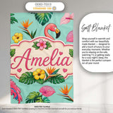 Tropical Flamingo with Hibiscus Flowers and Leaves Mint Background  Personalised Custom Name Super Soft Fleece Blanket Bed Sofa Throw