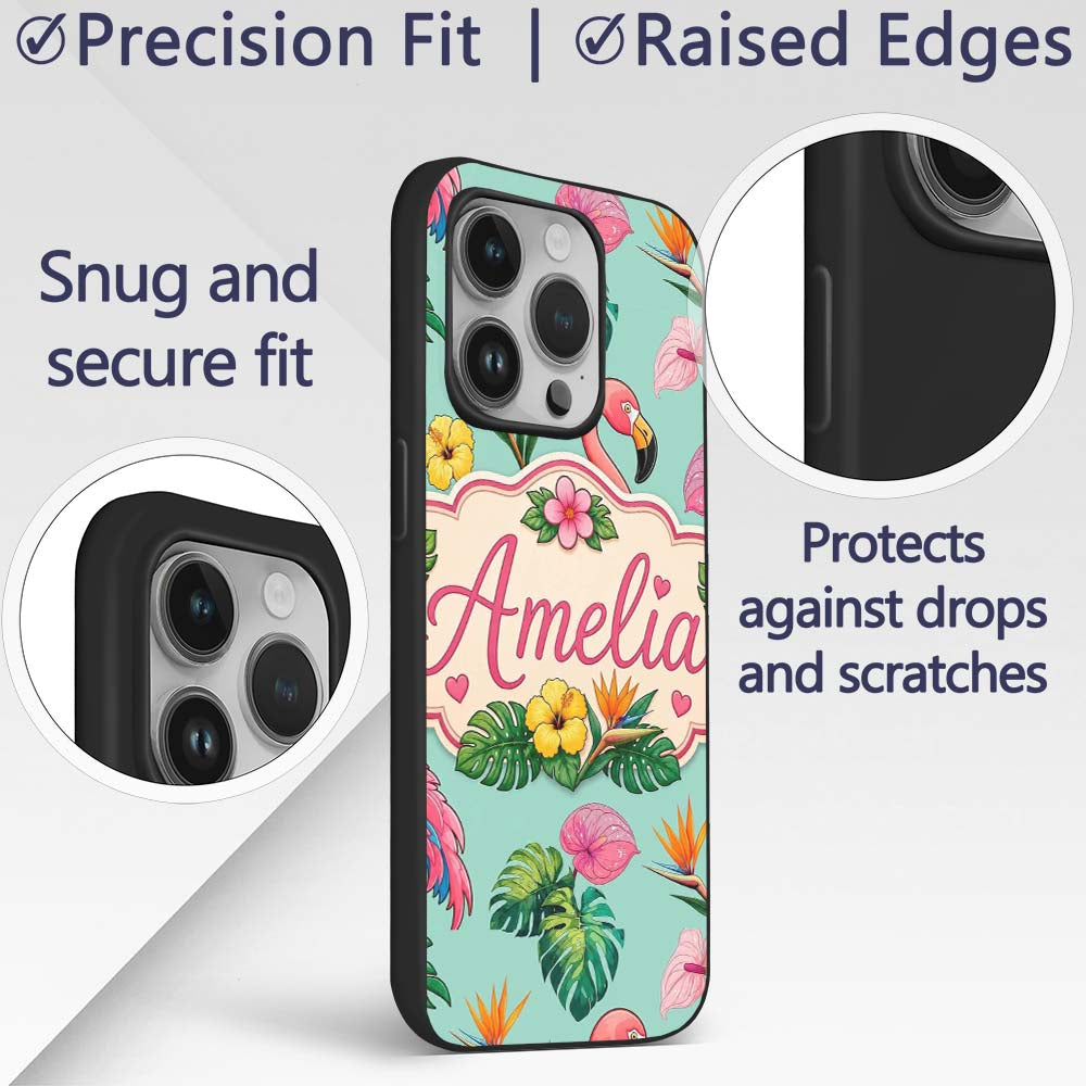 Tropical Flamingo with Hibiscus Printed Design Custom Name Protective Phone Case Mobile Cover Durable Everyday Smartphone Shock Resistant