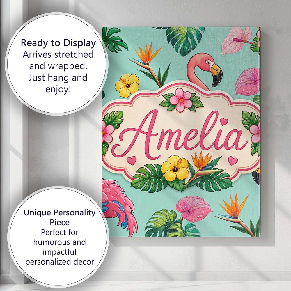 Personalised Name Tropical Flamingo with Custom  Unique Gift Idea Elegant Feature Canvas Wall Art Print Decor Picture Ready to Hang