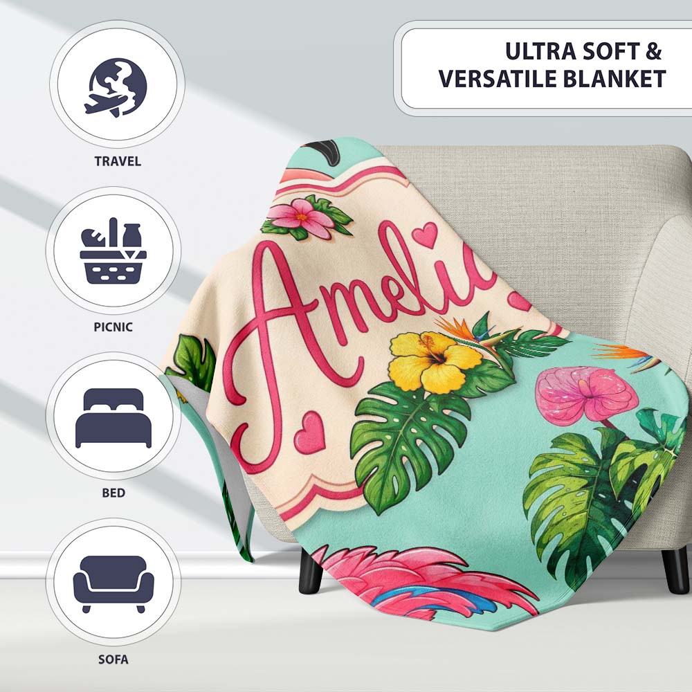 Tropical Flamingo with Hibiscus Flowers and Leaves Mint Background  Personalised Custom Name Super Soft Fleece Blanket Bed Sofa Throw