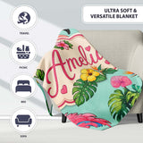 Tropical Flamingo with Hibiscus Flowers and Leaves Mint Background  Personalised Custom Name Super Soft Fleece Blanket Bed Sofa Throw