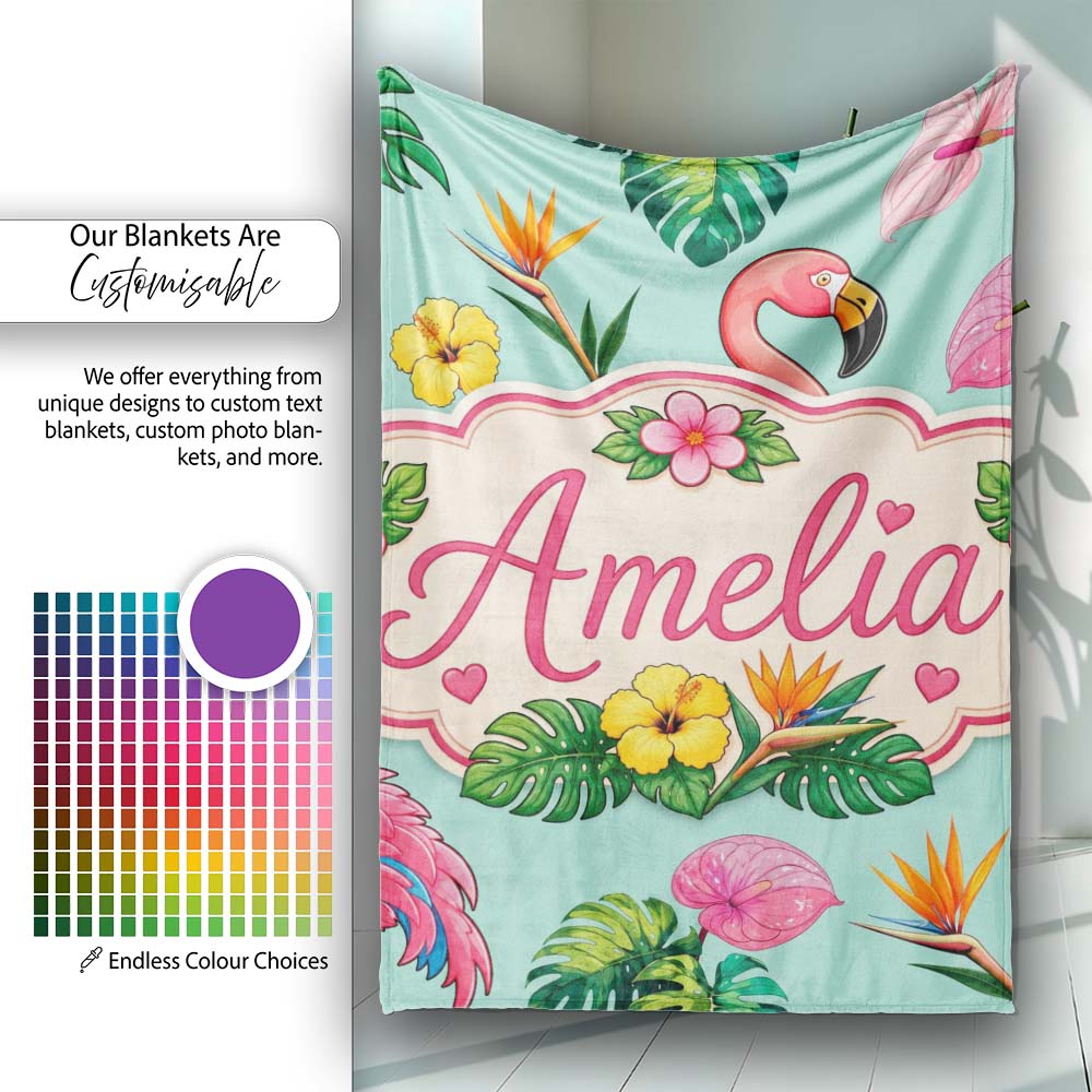 Tropical Flamingo with Hibiscus Flowers and Leaves Mint Background  Personalised Custom Name Super Soft Fleece Blanket Bed Sofa Throw