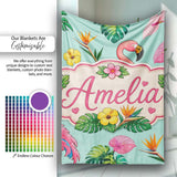 Tropical Flamingo with Hibiscus Flowers and Leaves Mint Background  Personalised Custom Name Super Soft Fleece Blanket Bed Sofa Throw