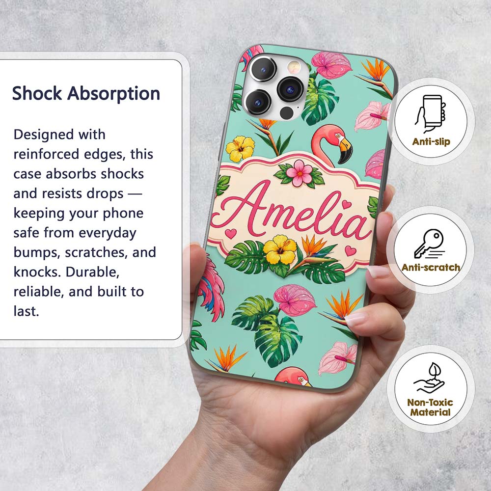 Tropical Flamingo with Hibiscus Printed Design Custom Name Protective Phone Case Mobile Cover Durable Everyday Smartphone Shock Resistant