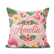 Custom Name Tropical Flamingo with Hibiscus and Leaves Soft Pink Square Filled Cushion Throw Pillow Sofa Bed Home Decor Zip Washable UK Made