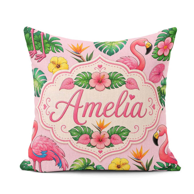 Custom Name Tropical Flamingo with Hibiscus and Leaves Soft Pink Square Filled Cushion Throw Pillow Sofa Bed Home Decor Zip Washable UK Made