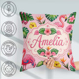 Custom Name Tropical Flamingo with Hibiscus and Leaves Soft Pink Square Filled Cushion Throw Pillow Sofa Bed Home Decor Zip Washable UK Made