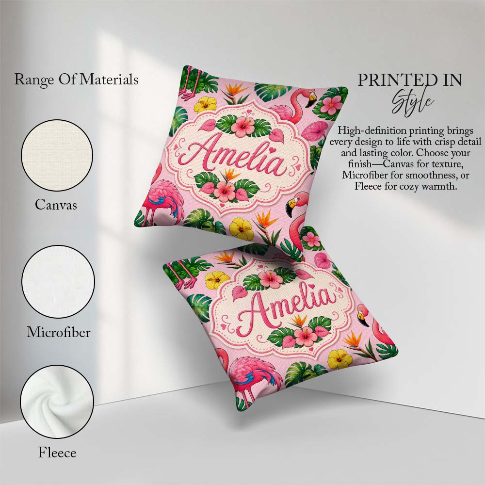 Custom Name Tropical Flamingo with Hibiscus and Leaves Soft Pink Square Filled Cushion Throw Pillow Sofa Bed Home Decor Zip Washable UK Made