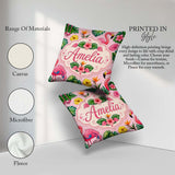 Custom Name Tropical Flamingo with Hibiscus and Leaves Soft Pink Square Filled Cushion Throw Pillow Sofa Bed Home Decor Zip Washable UK Made