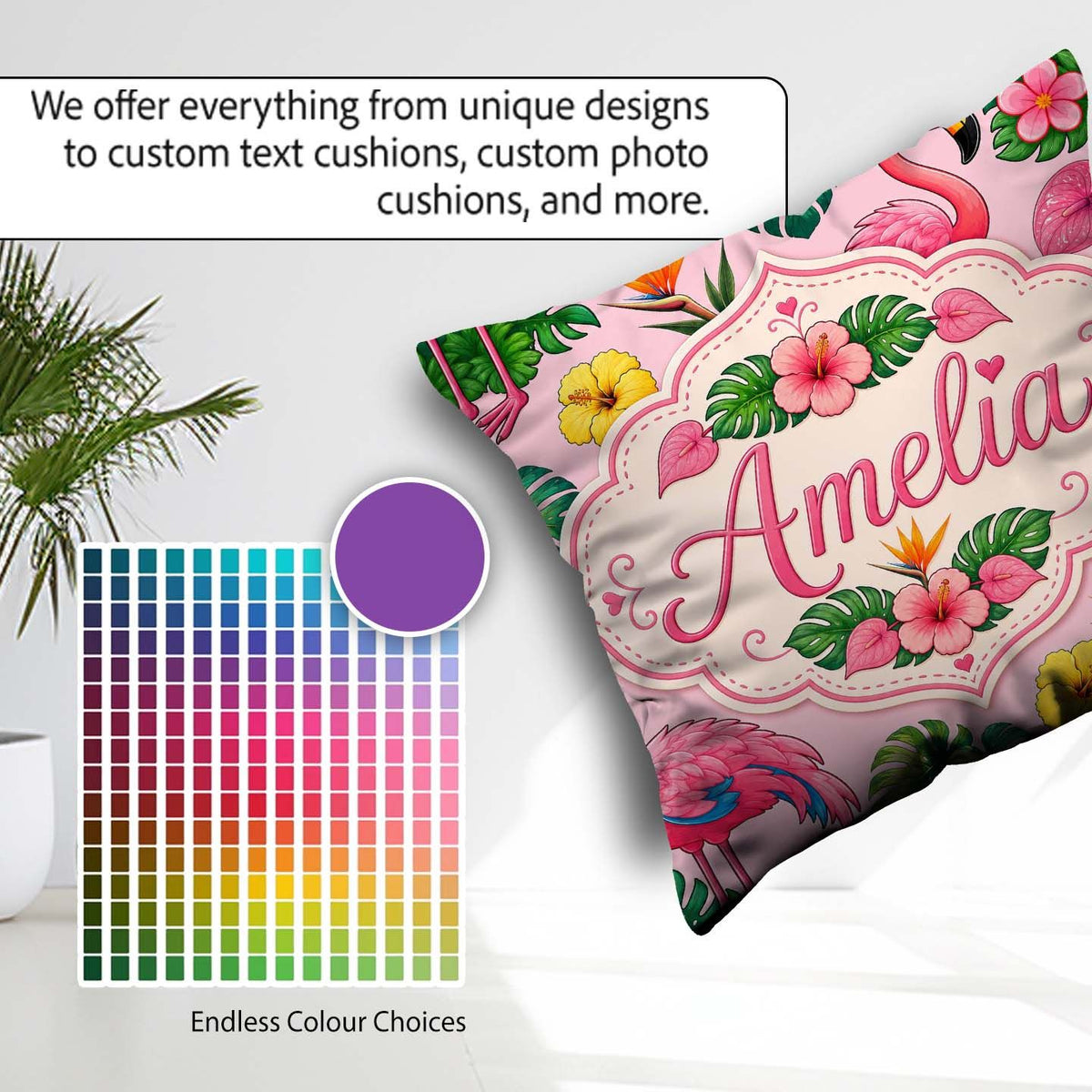 Custom Name Tropical Flamingo with Hibiscus and Leaves Soft Pink Square Filled Cushion Throw Pillow Sofa Bed Home Decor Zip Washable UK Made