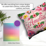 Custom Name Tropical Flamingo with Hibiscus and Leaves Soft Pink Square Filled Cushion Throw Pillow Sofa Bed Home Decor Zip Washable UK Made
