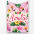 Tropical Flamingo with Hibiscus Flowers and Leaves Blush Pink Lovely  Personalised Custom Name Super Soft Fleece Blanket Bed Sofa Throw